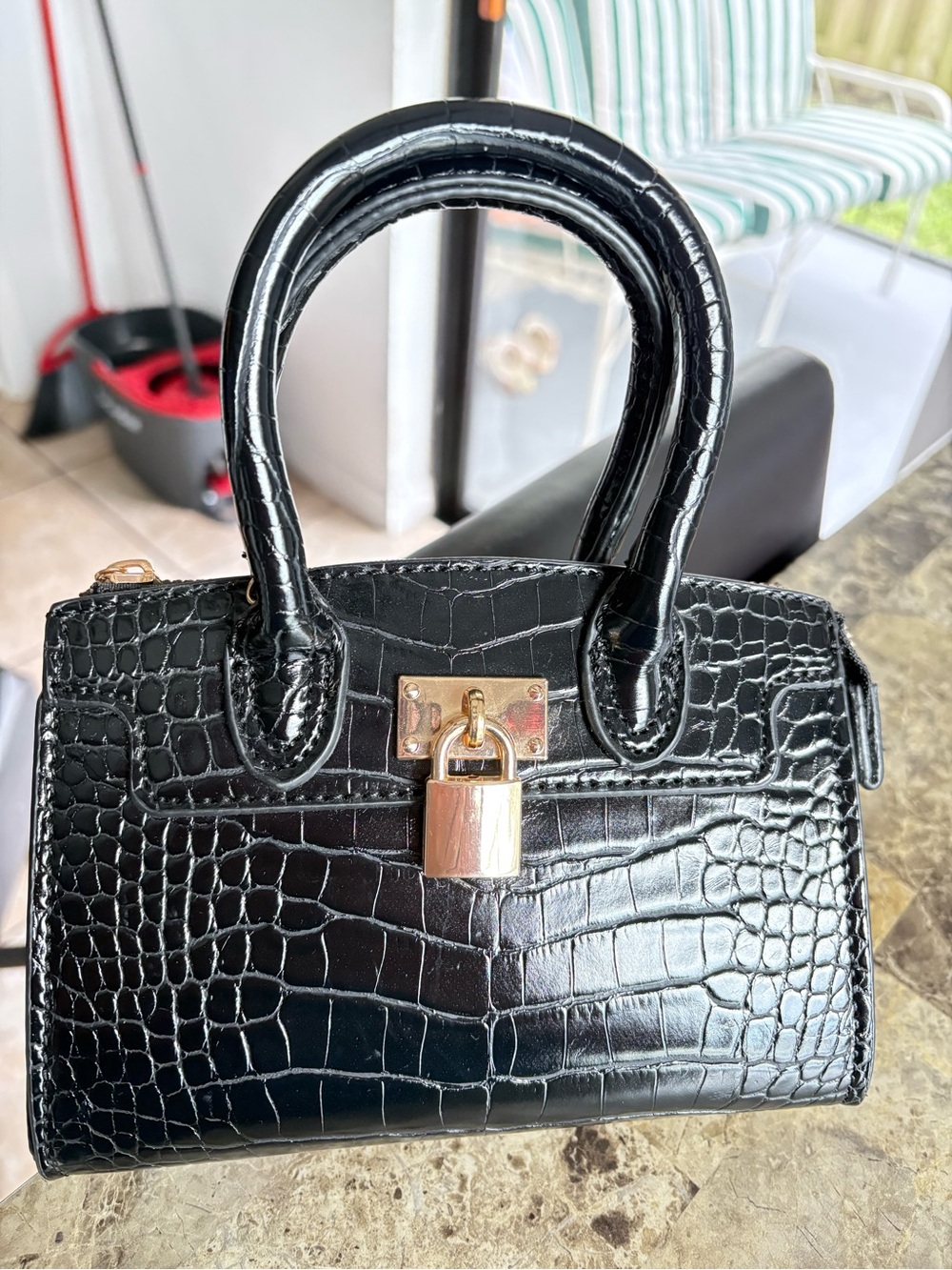 Black Croc-Embossed Top-Handle Bag with Gold Padlock